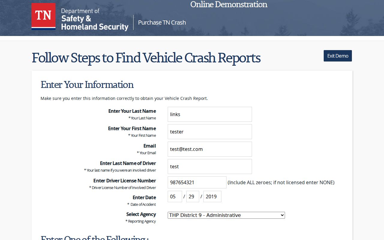 Pickett County arrest records and official crash report search fields