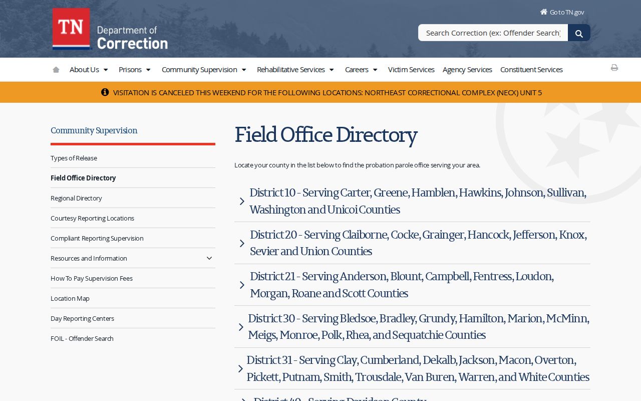 Pickett County arrest record and TDOC supervision field office directory