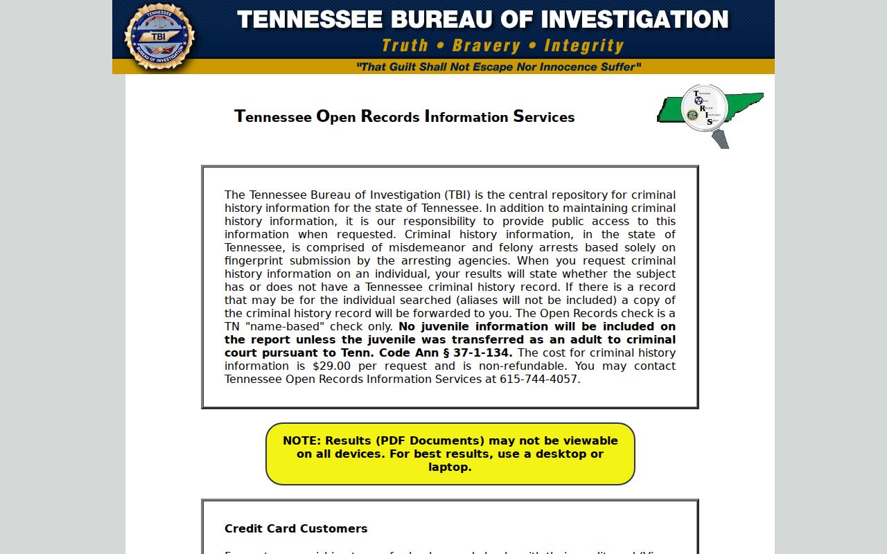 Pickett County criminal history TORIS request portal
