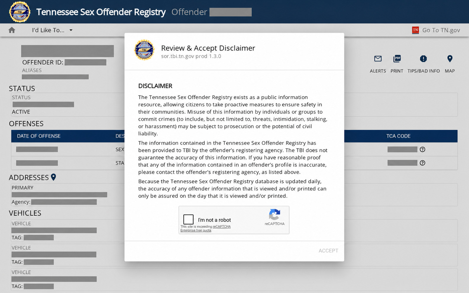 Redacted Pickett County sex offender registry Full Details layout with disclaimer