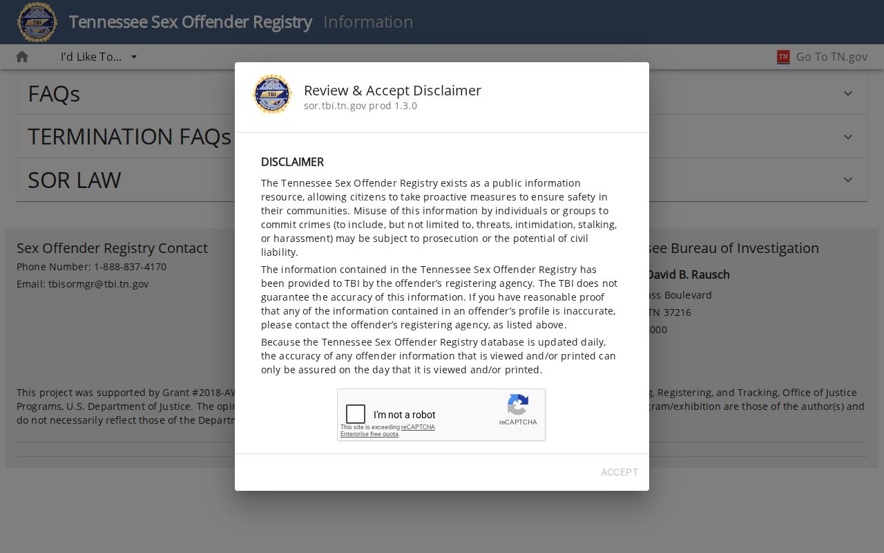 Pickett County sex offender registry information and Tennessee law links