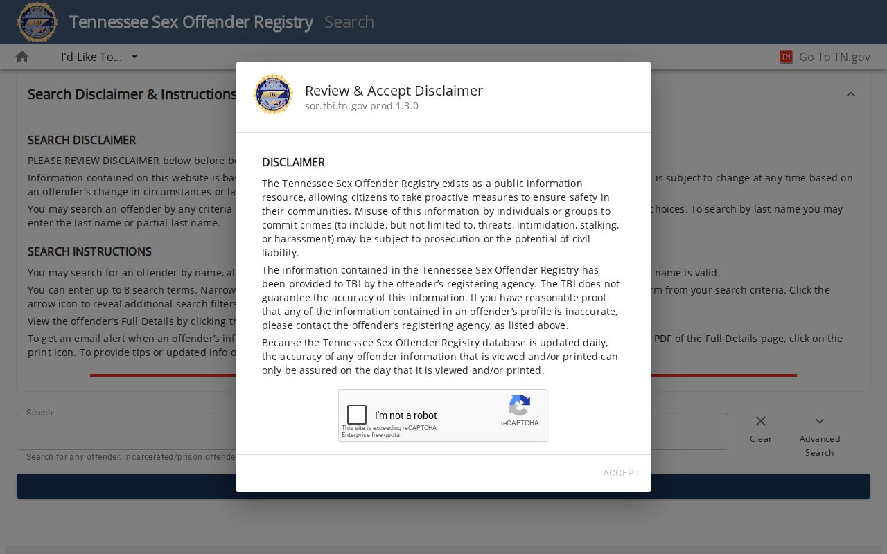 Pickett County sex offender registry search disclaimer from TBI